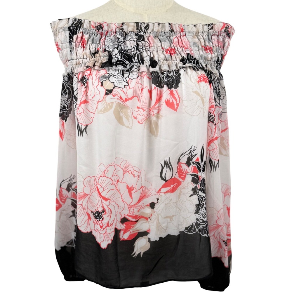 WHBM Women XS Blouse White Floral Smocked Off Shoulder Boho Peasant Feminine GUC